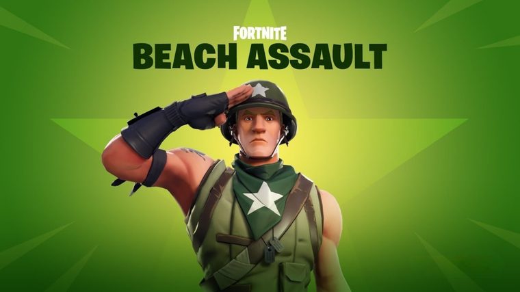 Beach Assault key art -- a saluting WWII-style soldier character against a green Fortnite Beach Assault LTM background