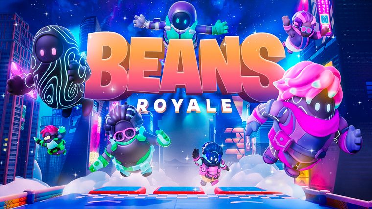 Beans Royale key art — a group of bean-shaped characters jumping over a neon city skyline