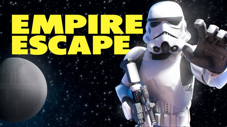 Empire Escape key art — Stormtrooper in front of the Death Star, built with Epic's official Star Wars template assets in UEFN