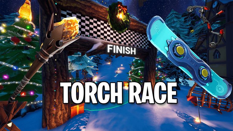 Torch Race key art — a finish line arch strung with festive lights and a glowing torch